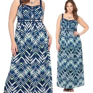 Torrid Maxi Dress Empire Waist V Neck Chevron Pattern Navy Blue Green Size 26W